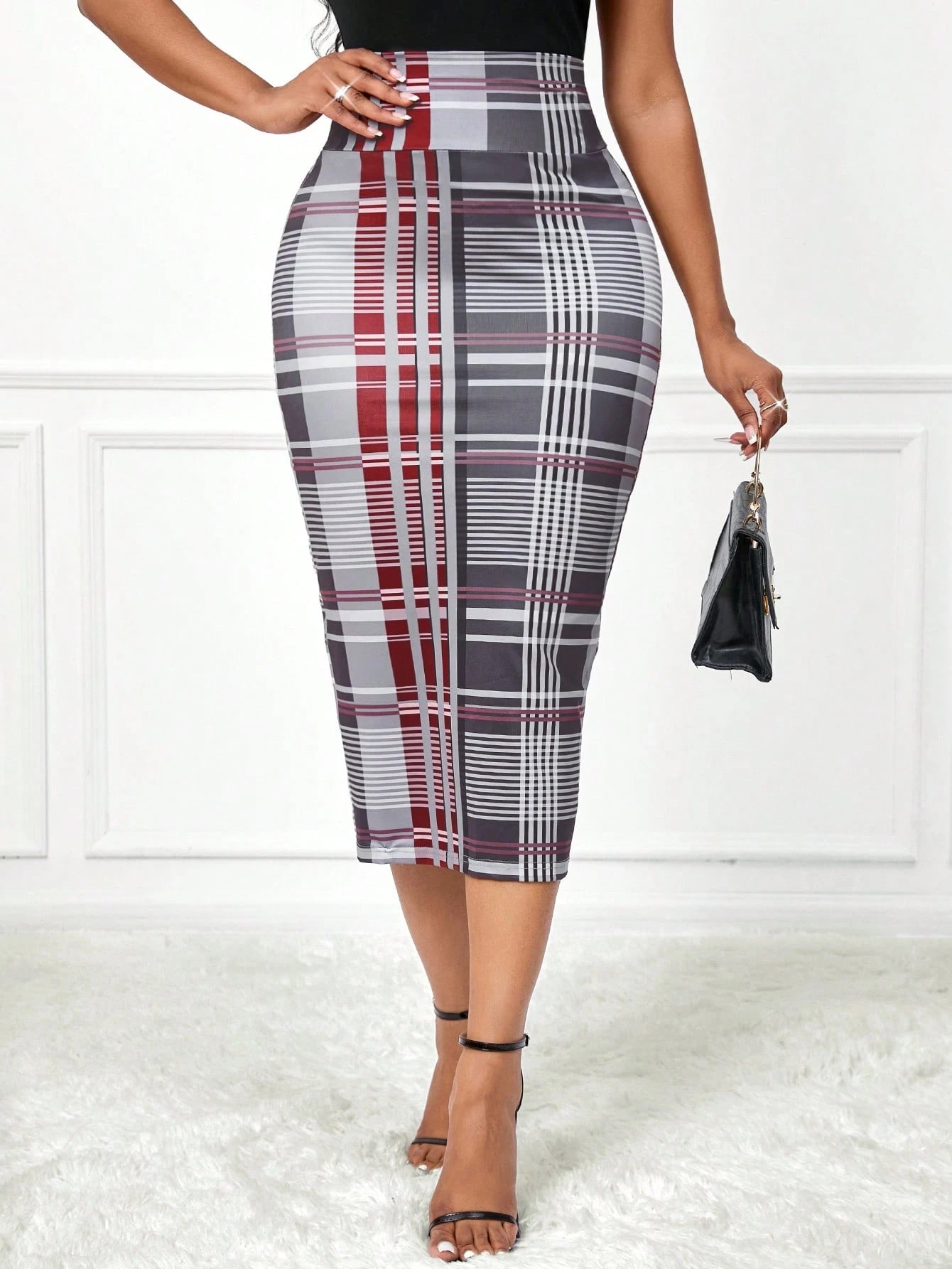 Lady Autumn And Winter Elegant Work Work Office Office Grey Plaid Plaid Knitted Split Midi Skirts