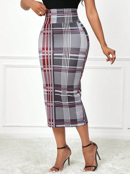 Lady Autumn And Winter Elegant Work Work Office Office Grey Plaid Plaid Knitted Split Midi Skirts