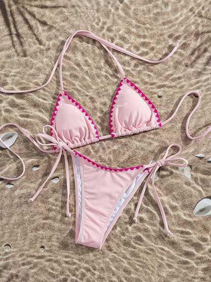 Lady's Solid Color Bartack Halter & Tie-Side 2Pcs Swimwear: Sexy, High End, Simple, Gal, Casual – Beach Vacations And Travel Parties Summer, Resort Wear
