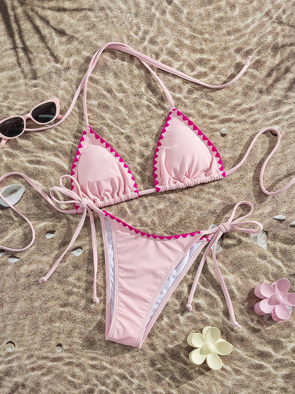 Lady's Solid Color Bartack Halter & Tie-Side 2Pcs Swimwear: Sexy, High End, Simple, Gal, Casual – Beach Vacations And Travel Parties Summer, Resort Wear