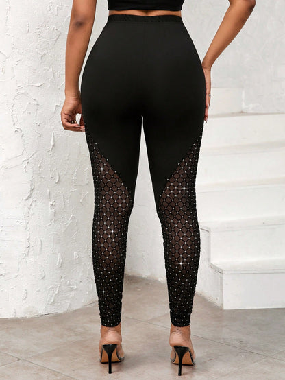 Lady Sequined Mesh Spliced Leggings, Elegant And For Everyday Use In All Seasons Women Legging Sets Black