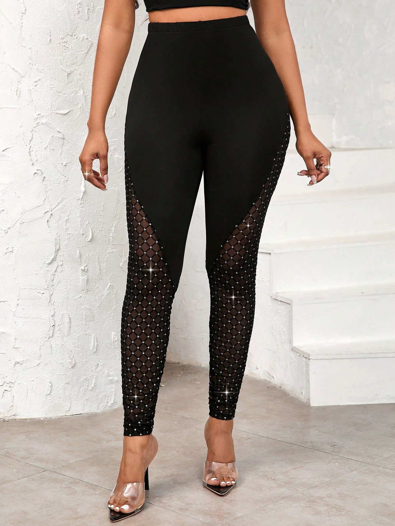 Lady Sequined Mesh Spliced Leggings, Elegant And For Everyday Use In All Seasons Women Legging Sets Black