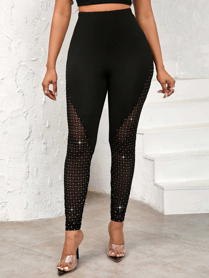 Lady Sequined Mesh Spliced Leggings, Elegant And For Everyday Use In All Seasons Women Legging Sets Black