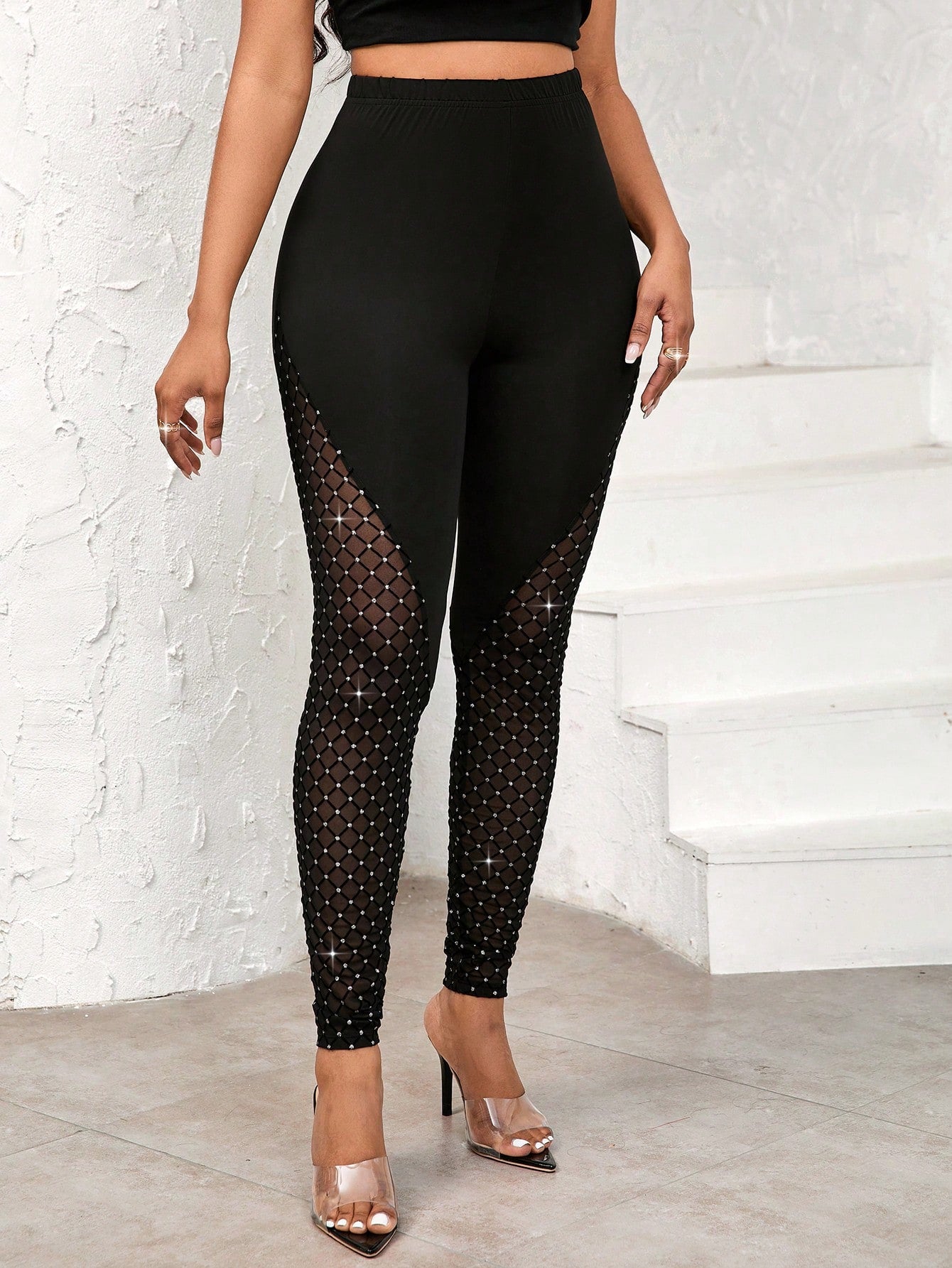 Lady Sequined Mesh Spliced Leggings, Elegant And For Everyday Use In All Seasons Women Legging Sets Black