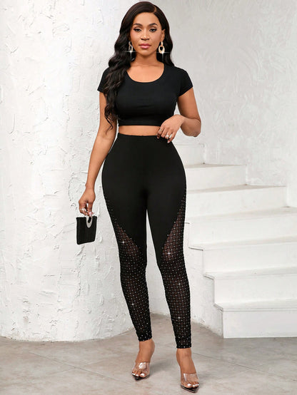 Lady Sequined Mesh Spliced Leggings, Elegant And For Everyday Use In All Seasons Women Legging Sets Black