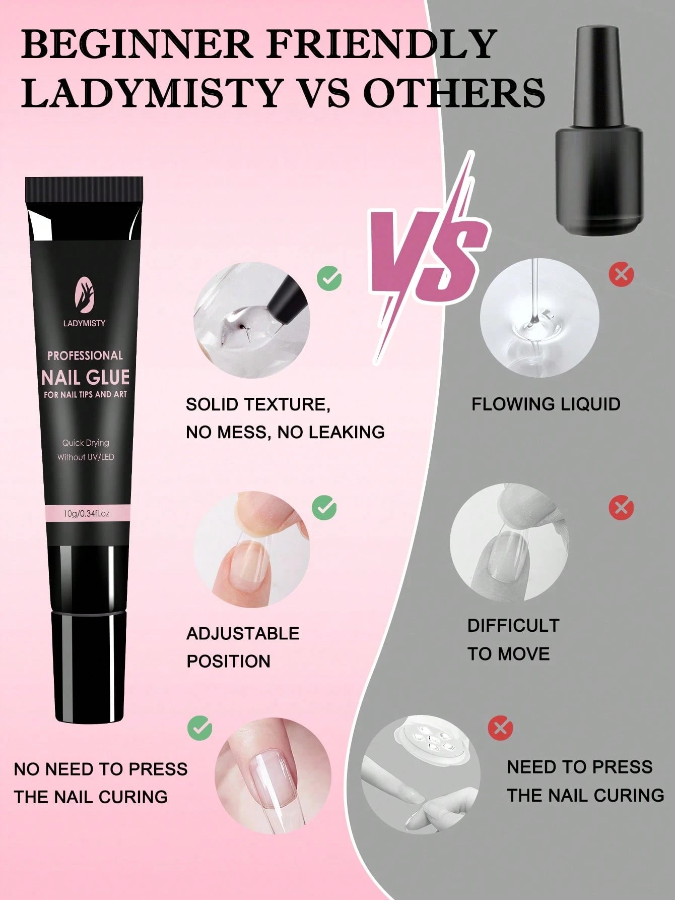 LadyMisty Super Strong Nail Glue 10g For Press On Nails- Quick Drying, Semi Solid, Long Lasting, No UV Light Needed