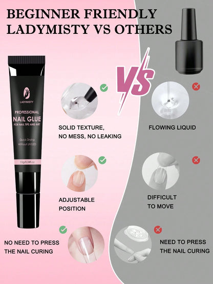 LadyMisty Super Strong Nail Glue 10g For Press On Nails- Quick Drying, Semi Solid, Long Lasting, No UV Light Needed