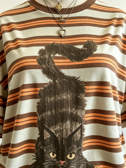 Lalippa Cat & Striped Digital Print Oversized Loose Mid-Length Round Neck Drop Shoulder Women T-Shirt, A Gift For Friends