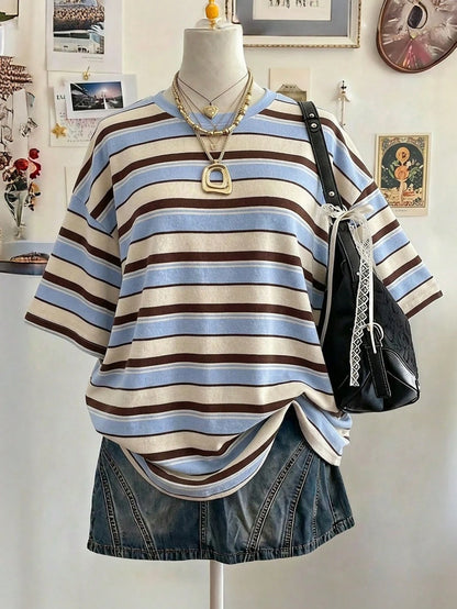 Lalippa Cat & Striped Digital Print Oversized Loose Mid-Length Round Neck Drop Shoulder Women T-Shirt, A Gift For Friends