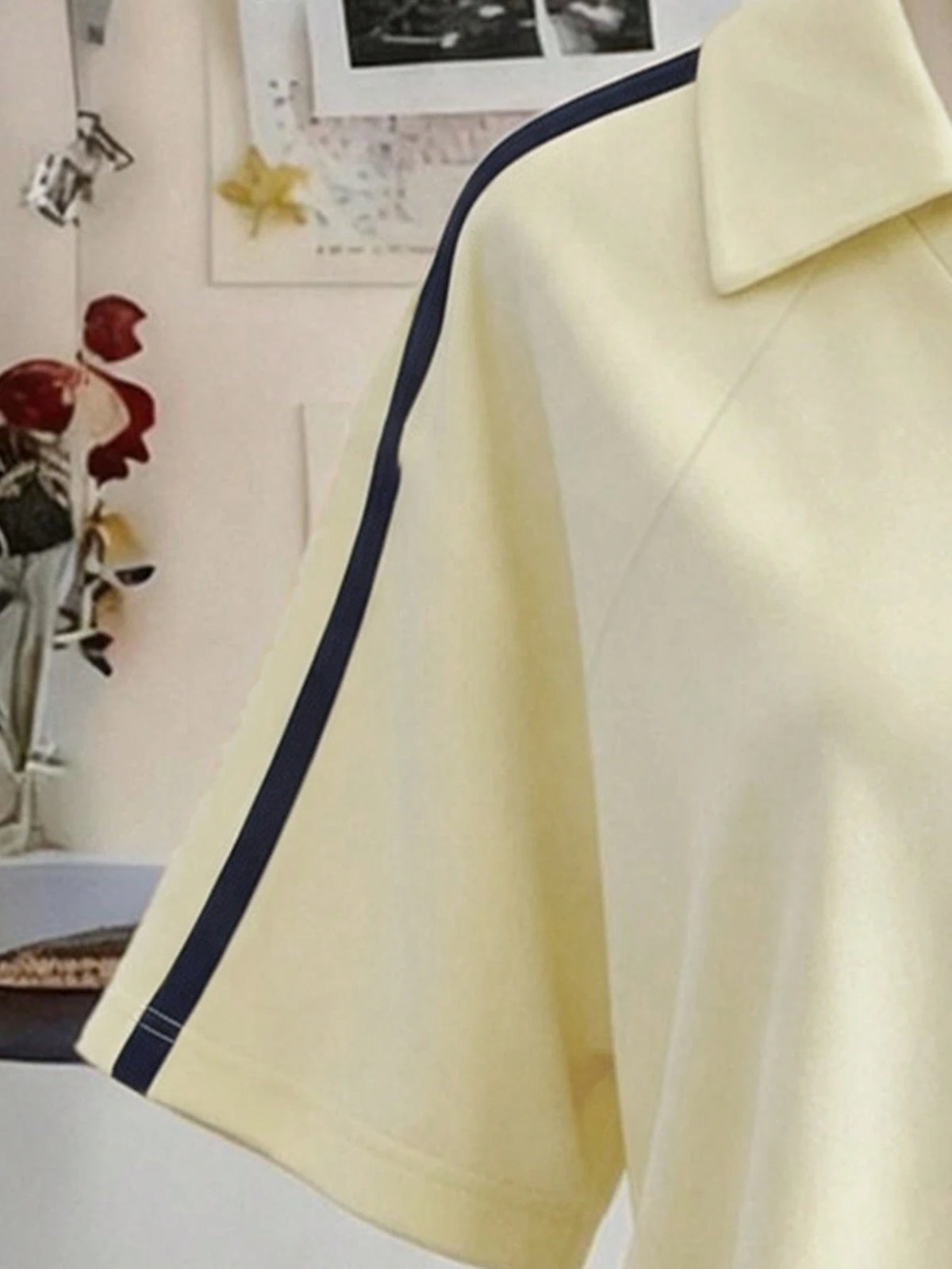 Lalippa Olive Branch Embroidered Woven Trim Fashion Minimalist Women's Lapel V-Neck Drop Shoulder Short Sleeve T-Shirt, Gift For Friends