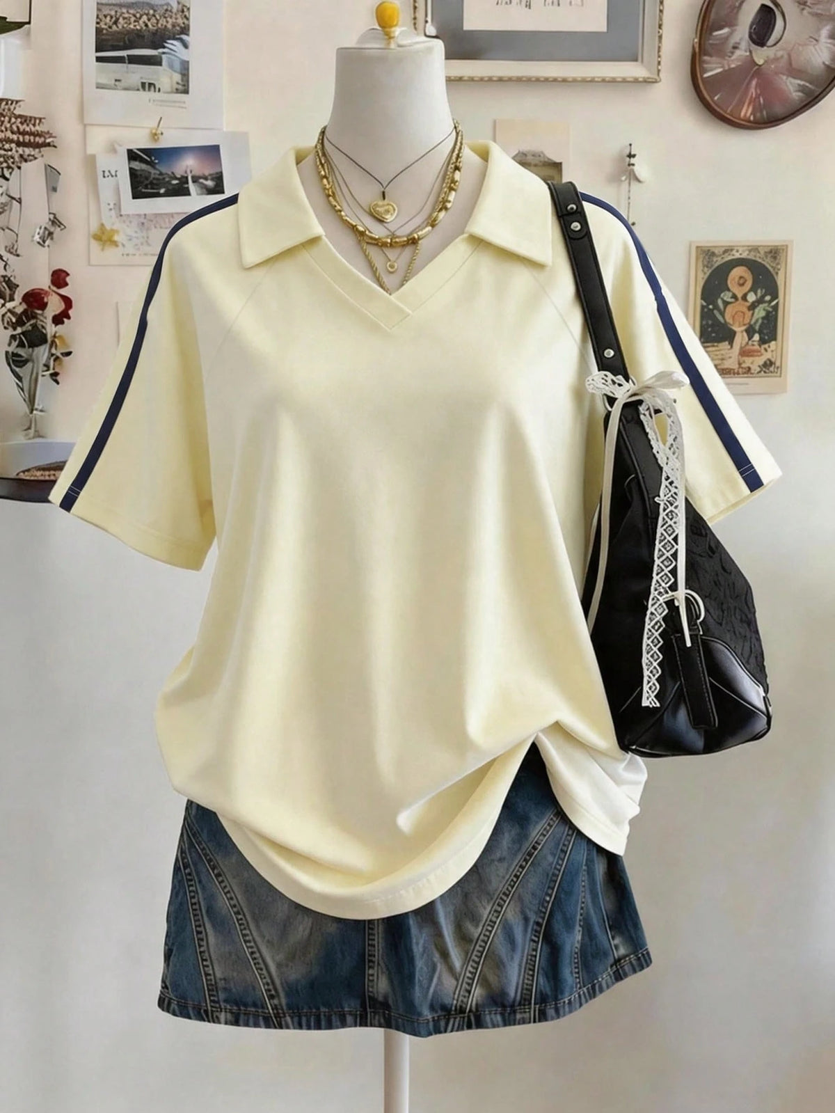 Lalippa Olive Branch Embroidered Woven Trim Fashion Minimalist Women's Lapel V-Neck Drop Shoulder Short Sleeve T-Shirt, Gift For Friends