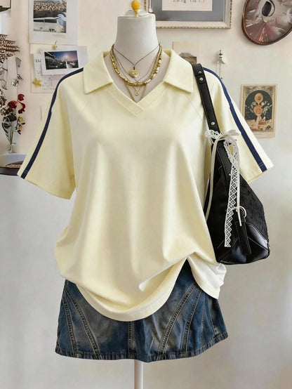 Lalippa Olive Branch Embroidered Woven Trim Fashion Minimalist Women's Lapel V-Neck Drop Shoulder Short Sleeve T-Shirt, Gift For Friends