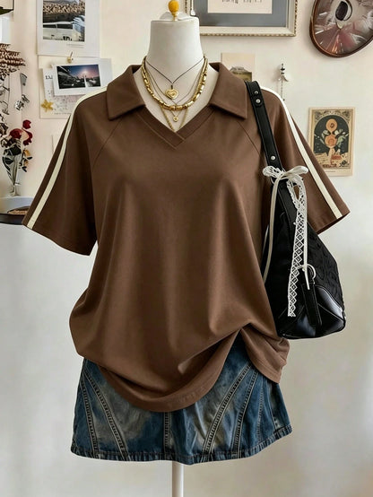 Lalippa Olive Branch Embroidered Woven Trim Fashion Minimalist Women's Lapel V-Neck Drop Shoulder Short Sleeve T-Shirt, Gift For Friends