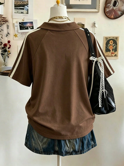 Lalippa Olive Branch Embroidered Woven Trim Fashion Minimalist Women's Lapel V-Neck Drop Shoulder Short Sleeve T-Shirt, Gift For Friends