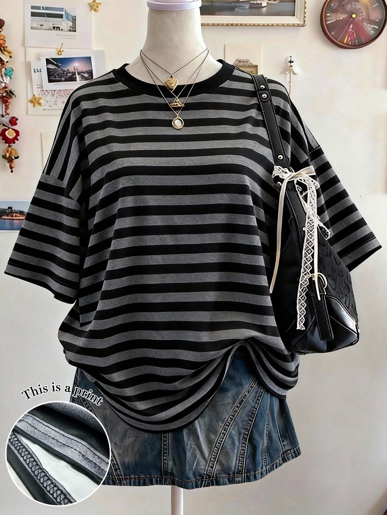 Lalippa Striped Digital Silver Fox Design Minimalist Plus Size Women Long Round Neck Drop Shoulder T-Shirt, Gift For Friends