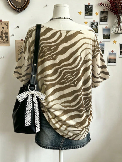 Lalippa Women's Plus Size Animal Print T-Shirt, Loose Shoulder T-Shirt, Asymmetrical Neck Top Suitable For Performance & Outings CasualGift For Friends