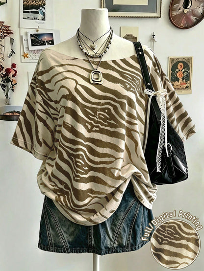 Lalippa Women's Plus Size Animal Print T-Shirt, Loose Shoulder T-Shirt, Asymmetrical Neck Top Suitable For Performance & Outings CasualGift For Friends