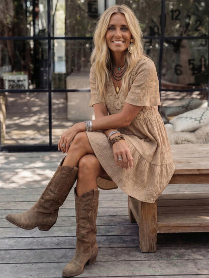 LanaWest Women's Bohemian Summer Textured V-Neck Babydoll Dress – Khaki With Lace Cutout Details, Petal Sleeves, And Ruffled Hem Western Casual Style