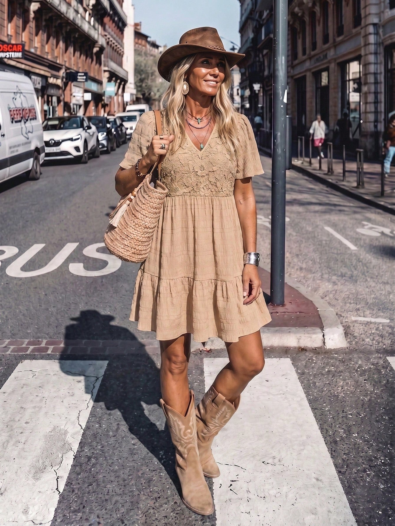 LanaWest Women's Bohemian Summer Textured V-Neck Babydoll Dress – Khaki With Lace Cutout Details, Petal Sleeves, And Ruffled Hem Western Casual Style