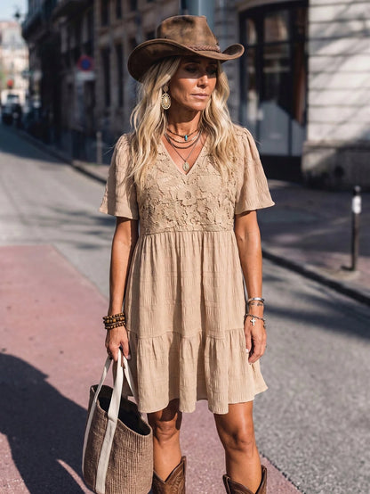 LanaWest Women's Bohemian Summer Textured V-Neck Babydoll Dress – Khaki With Lace Cutout Details, Petal Sleeves, And Ruffled Hem Western Casual Style