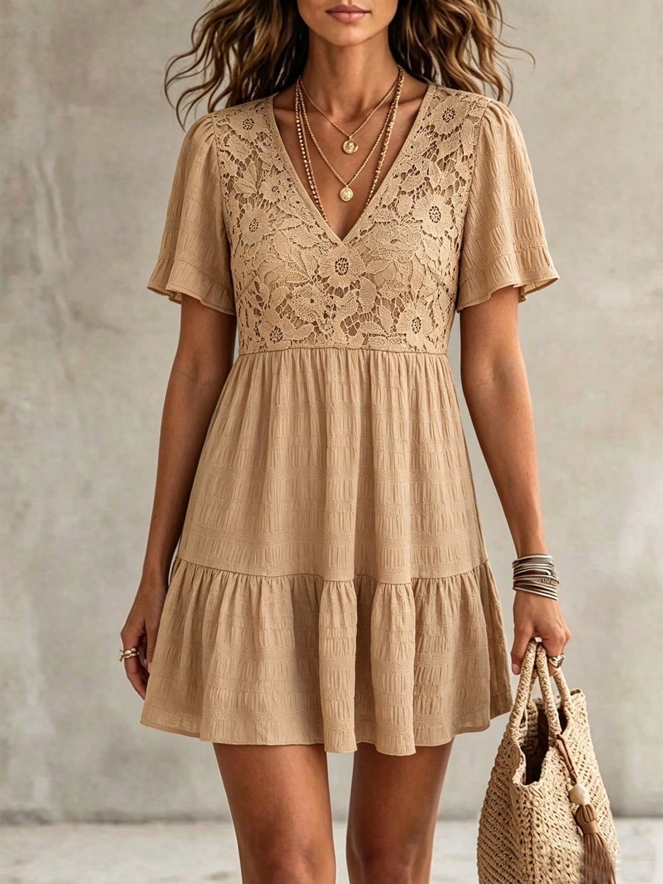 LanaWest Women's Bohemian Summer Textured V-Neck Babydoll Dress – Khaki With Lace Cutout Details, Petal Sleeves, And Ruffled Hem Western Casual Style