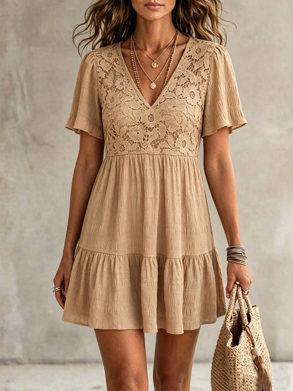 LanaWest Women's Bohemian Summer Textured V-Neck Babydoll Dress – Khaki With Lace Cutout Details, Petal Sleeves, And Ruffled Hem Western Casual Style