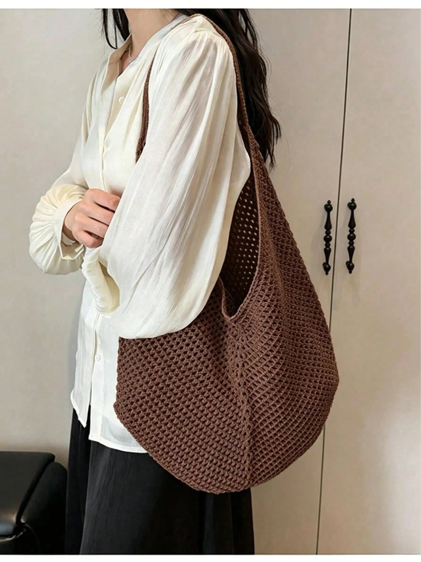 Large Capacity Crochet Shoulder Tote Bag, Lightweight Multifunctional Knitted Handbag, Suitable For Travel, Beach, Vacation And Daily Use, Boho Chic