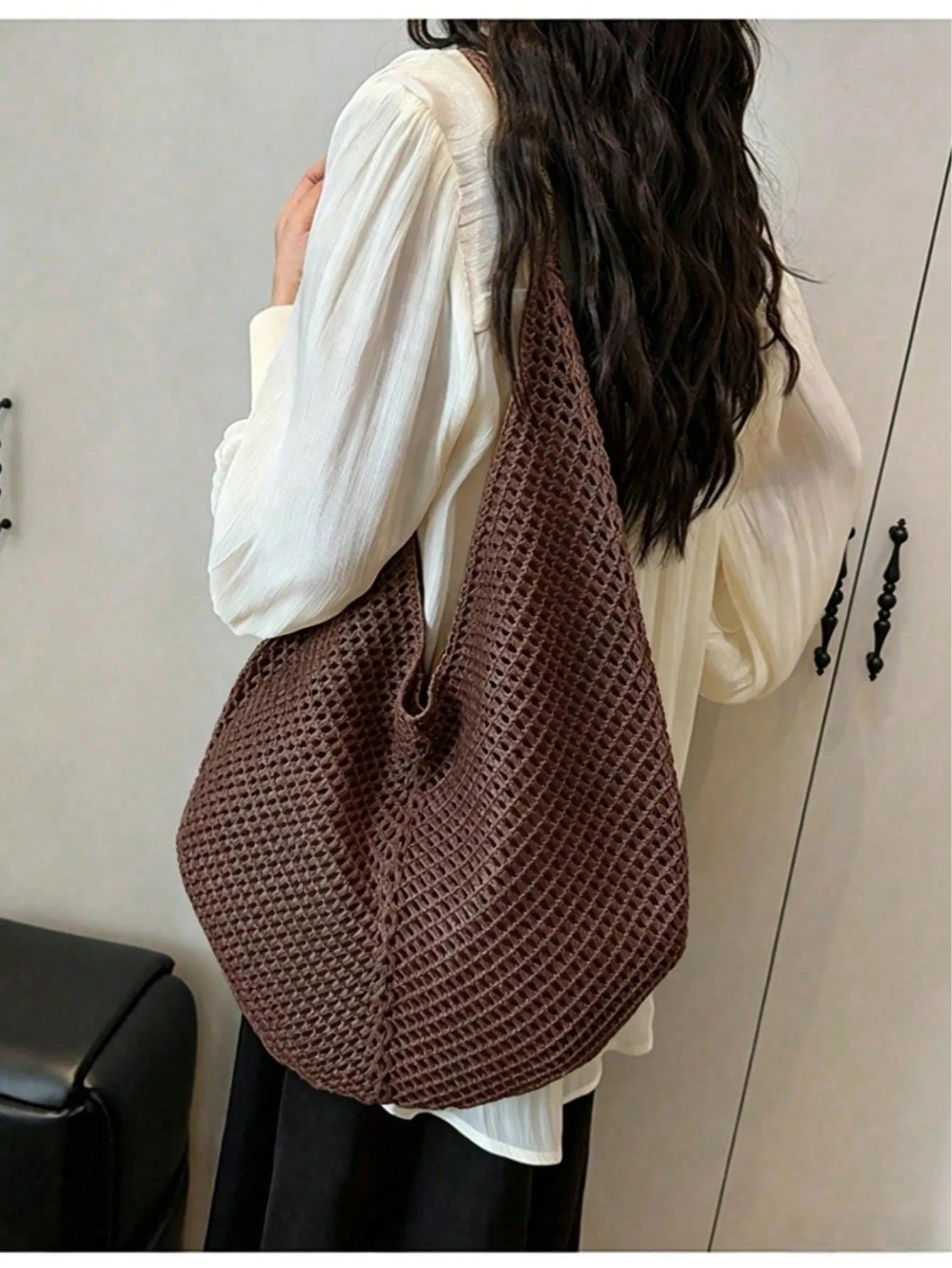 Large Capacity Crochet Shoulder Tote Bag, Lightweight Multifunctional Knitted Handbag, Suitable For Travel, Beach, Vacation And Daily Use, Boho Chic