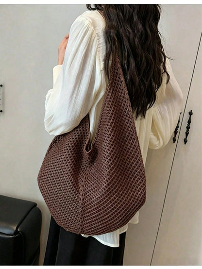 Large Capacity Crochet Shoulder Tote Bag, Lightweight Multifunctional Knitted Handbag, Suitable For Travel, Beach, Vacation And Daily Use, Boho Chic