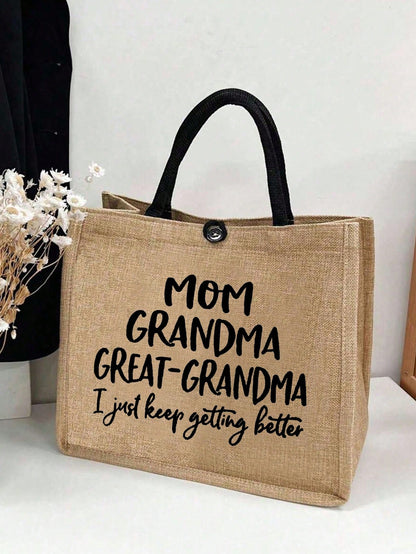 Large Capacity Mom & Grandma Tote Bag- Fashionable Women's Casual Handbag And Shopping Bag- Perfect Gift Idea, Women's Linen High Capacity Tote Bag, Graduation Gift, Letter Print Fashion Teacher Tot