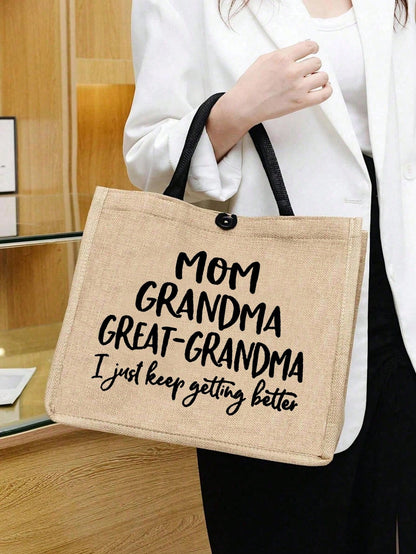 Large Capacity Mom & Grandma Tote Bag- Fashionable Women's Casual Handbag And Shopping Bag- Perfect Gift Idea, Women's Linen High Capacity Tote Bag, Graduation Gift, Letter Print Fashion Teacher Tot