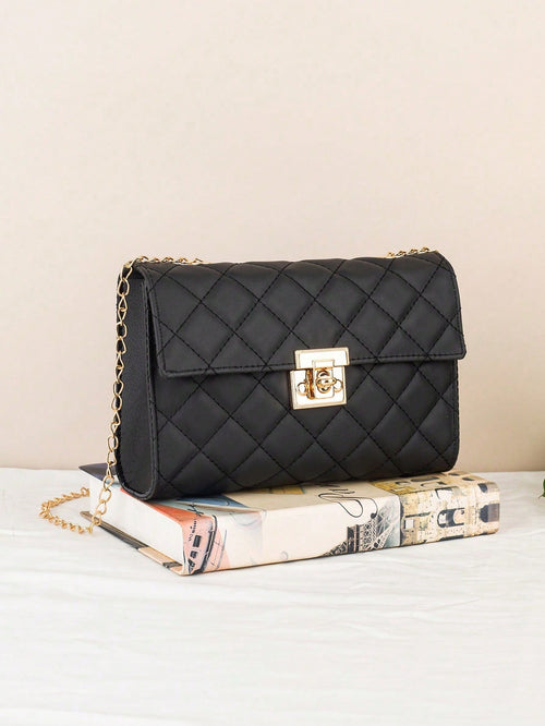 Large Capacity Quilted Chain Small Square Bag, Minimalist Style Quilted Lock Chain Bag, Elegant Elegant Shoulder Small Square Bag, Metal Lock Design Shoulder Crossbody Women's Bag, Suitable For Daily