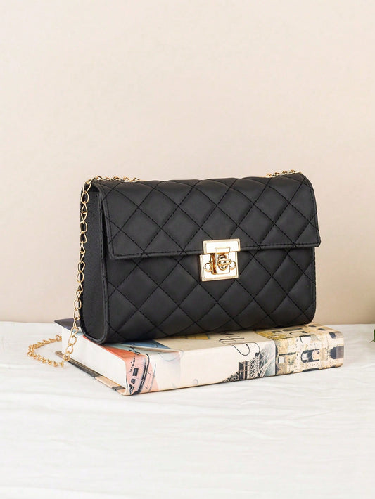 Large Capacity Quilted Chain Small Square Bag, Minimalist Style Quilted Lock Chain Bag, Elegant Elegant Shoulder Small Square Bag, Metal Lock Design Shoulder Crossbody Women's Bag, Suitable For Daily