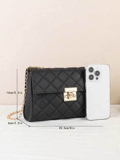 Large Capacity Quilted Chain Small Square Bag, Minimalist Style Quilted Lock Chain Bag, Elegant Elegant Shoulder Small Square Bag, Metal Lock Design Shoulder Crossbody Women's Bag, Suitable For Daily