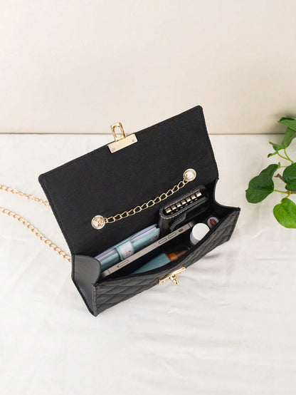 Large Capacity Quilted Chain Small Square Bag, Minimalist Style Quilted Lock Chain Bag, Elegant Elegant Shoulder Small Square Bag, Metal Lock Design Shoulder Crossbody Women's Bag, Suitable For Daily