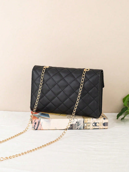 Large Capacity Quilted Chain Small Square Bag, Minimalist Style Quilted Lock Chain Bag, Elegant Elegant Shoulder Small Square Bag, Metal Lock Design Shoulder Crossbody Women's Bag, Suitable For Daily