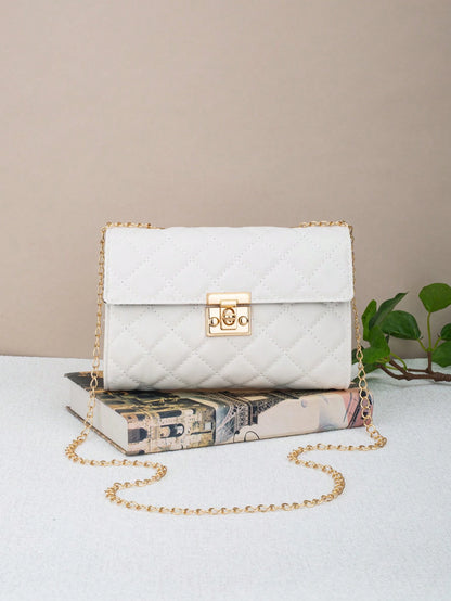 Large Capacity Quilted Chain Small Square Bag, Minimalist Style Quilted Lock Chain Bag, Elegant Elegant Shoulder Small Square Bag, Metal Lock Design Shoulder Crossbody Women's Bag, Suitable For Daily