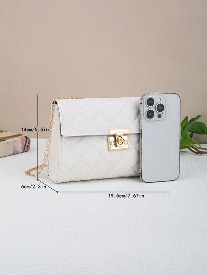 Large Capacity Quilted Chain Small Square Bag, Minimalist Style Quilted Lock Chain Bag, Elegant Elegant Shoulder Small Square Bag, Metal Lock Design Shoulder Crossbody Women's Bag, Suitable For Daily