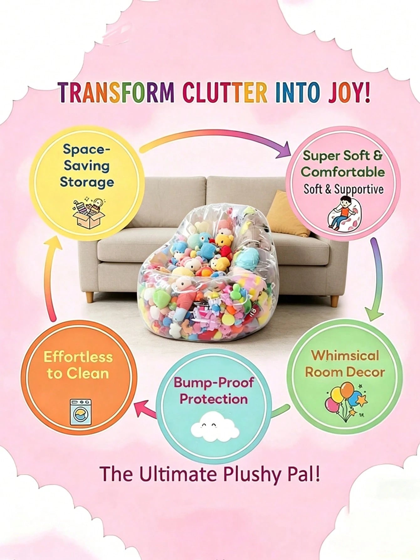 Large Capacity Sofa Storage Bag DIY Doll Storage Bag, Space-Saving Multi-Functional Storage Bag With Transparent Visible Plastic Storage Compartments