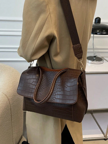 Large Capacity Vintage Casual Tote Bag For Women With Multi-Layered Compartments, Crocodile Embossed Flap Cover, Adjustable Shoulder Strap, Suitable For Commuting And Outdoor Travel, Autumn, Retro Ins