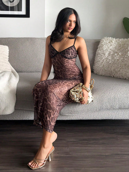 leahseptember New Sexy Leopard Print Mesh Slip Dress, Skinny Fit, Long Style,Tea Party Dress Glamorous Sensual, Alluring Figure Flattering Summer Dresses For Women Bodycon Dress
