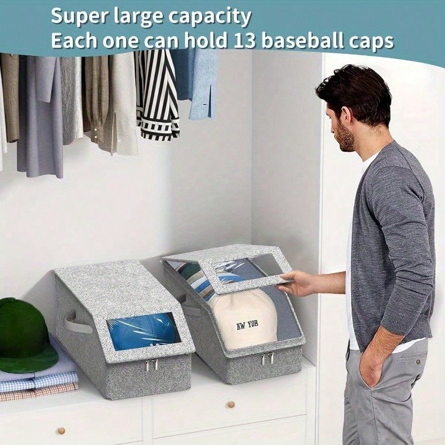 LEATVOOK 2PC/1PC Extra Large Baseball Hat Organizer, Hat Storage Box With Heavy-Duty Hidden Handle- Stackable Expandable Organizer, TPU Window & Cardboard Base, Non-Woven Fabric For Baseball Caps, F
