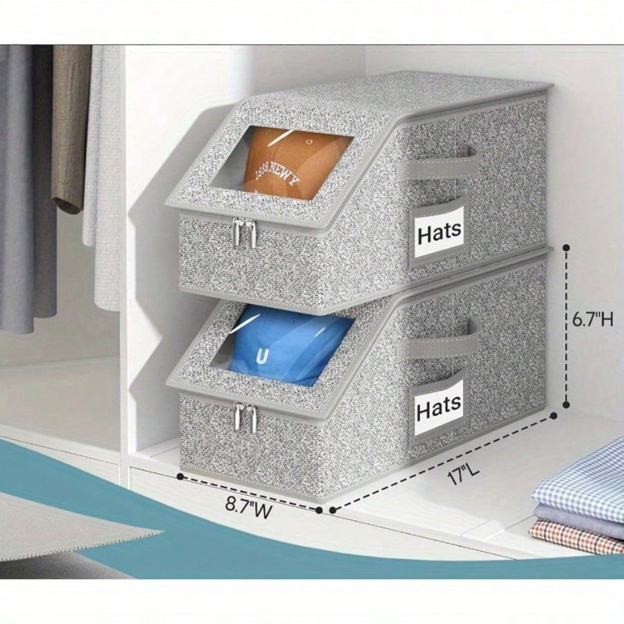 LEATVOOK 2PC/1PC Extra Large Baseball Hat Organizer, Hat Storage Box With Heavy-Duty Hidden Handle- Stackable Expandable Organizer, TPU Window & Cardboard Base, Non-Woven Fabric For Baseball Caps, F