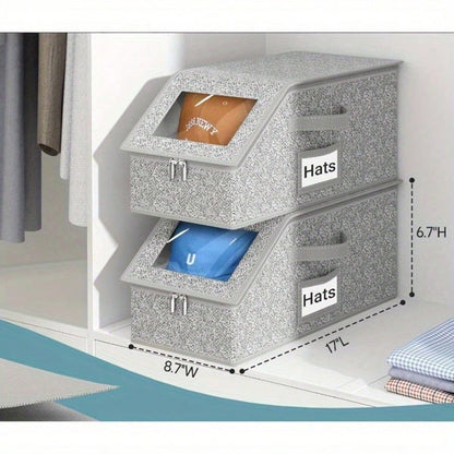 LEATVOOK 2PC/1PC Extra Large Baseball Hat Organizer, Hat Storage Box With Heavy-Duty Hidden Handle- Stackable Expandable Organizer, TPU Window & Cardboard Base, Non-Woven Fabric For Baseball Caps, F