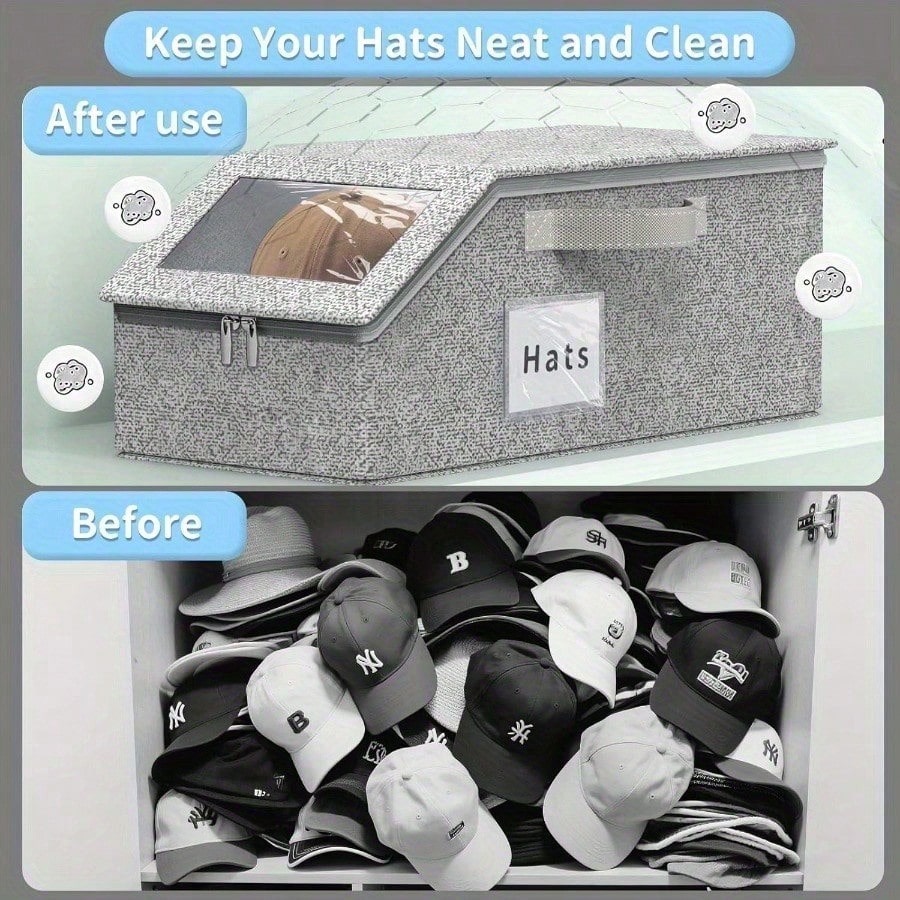 LEATVOOK 2PC/1PC Extra Large Baseball Hat Organizer, Hat Storage Box With Heavy-Duty Hidden Handle- Stackable Expandable Organizer, TPU Window & Cardboard Base, Non-Woven Fabric For Baseball Caps, F