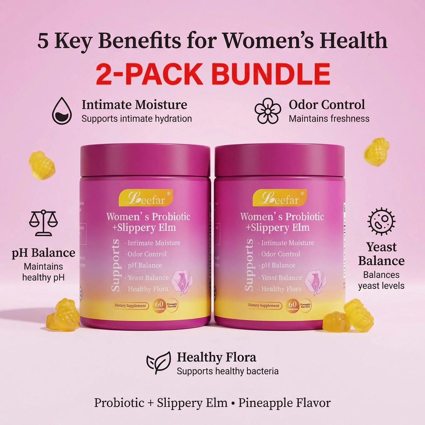 Leefar Probiotic Gummies For Women – 1-Pack 60 Gummies – Supports Gut Health, Digestion & PH Balance – Happy Gut Formula With Prebiotics – Vegan Non-GMO – Buy 2-Pack & Save More
