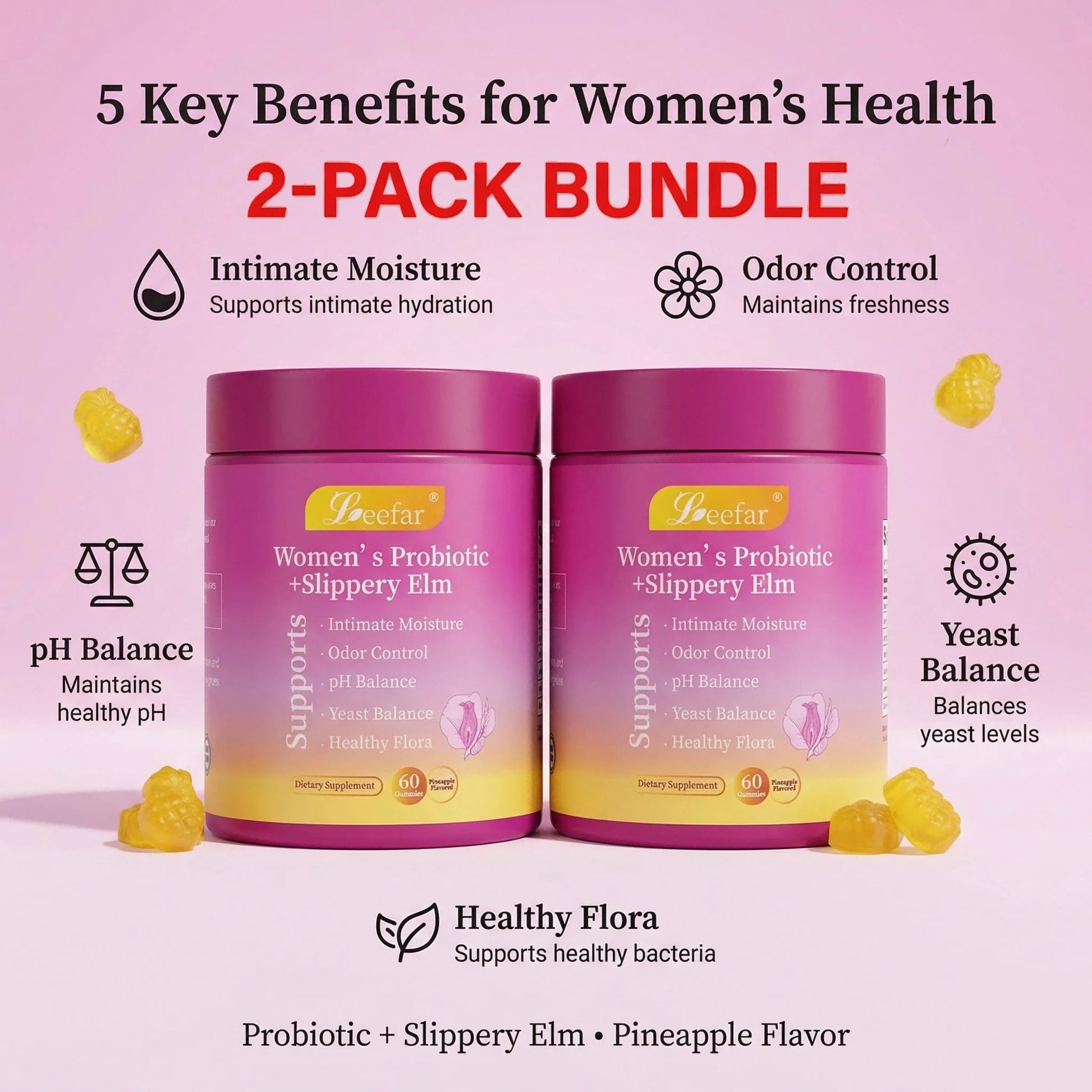 Leefar Probiotic Gummies For Women – 1-Pack 60 Gummies – Supports Gut Health, Digestion & PH Balance – Happy Gut Formula With Prebiotics – Vegan Non-GMO – Buy 2-Pack & Save More