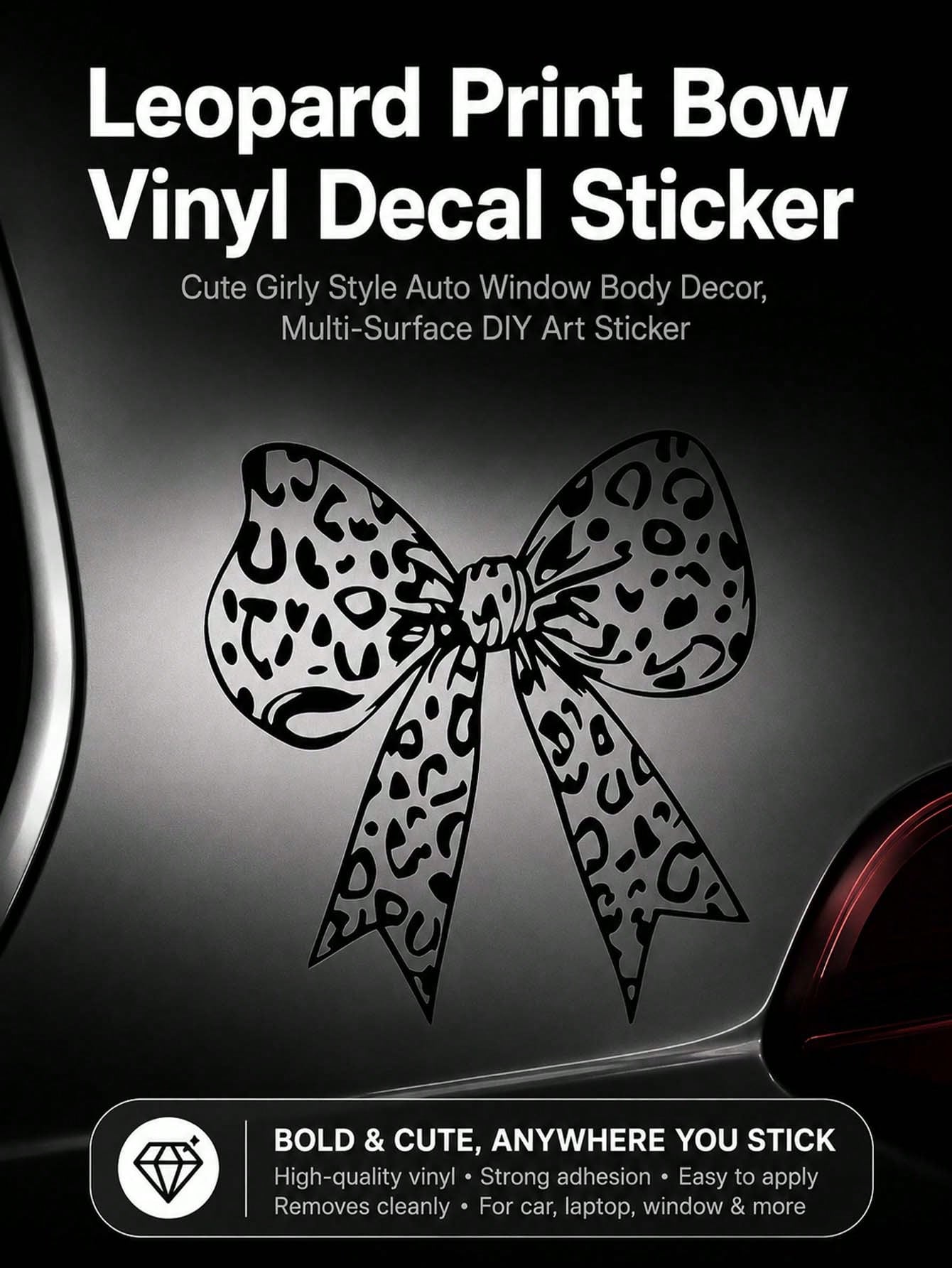 Leopard Print Bow Vinyl Car Decal Sticker, Cute Girly Self-Adhesive PVC Sticker, Waterproof UV Resistant Removable No Residue Decals For Auto Laptop Helmet Motorcycle Luggage DIY Ornament