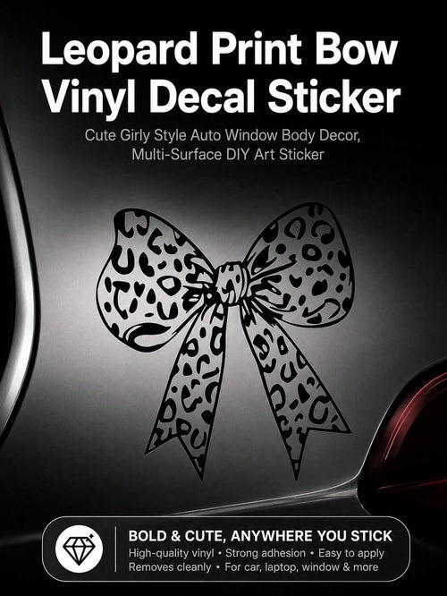 Leopard Print Bow Vinyl Car Decal Sticker, Cute Girly Self-Adhesive PVC Sticker, Waterproof UV Resistant Removable No Residue Decals For Auto Laptop Helmet Motorcycle Luggage DIY Ornament