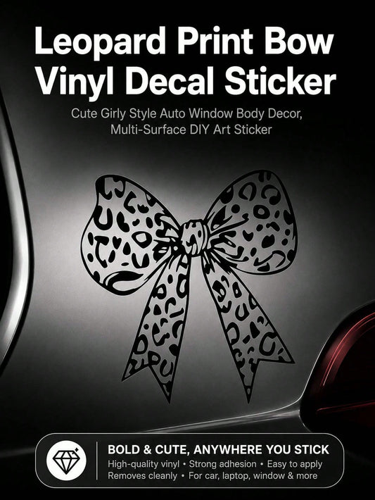 Leopard Print Bow Vinyl Car Decal Sticker, Cute Girly Self-Adhesive PVC Sticker, Waterproof UV Resistant Removable No Residue Decals For Auto Laptop Helmet Motorcycle Luggage DIY Ornament